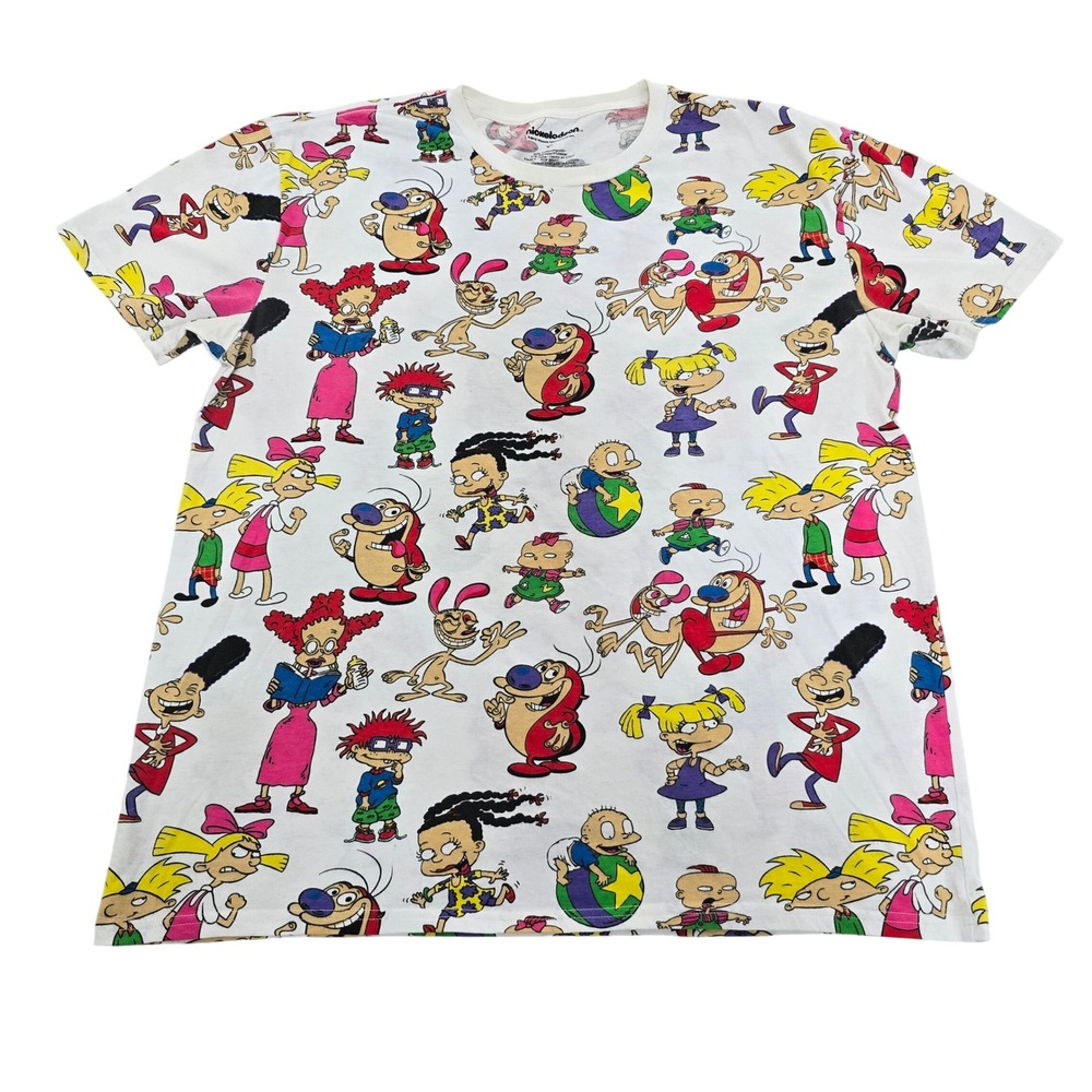 Nickelodeon All‎ Over Print T-Shirt XL White 90s Cartoons Rugrats Ren & Stimpy